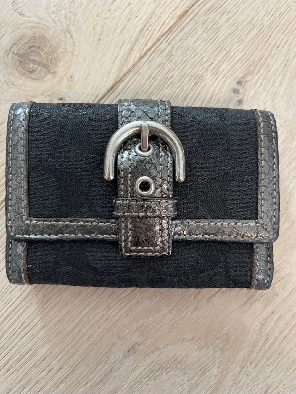 COACH Black Signature Wallet with Metallic Trim